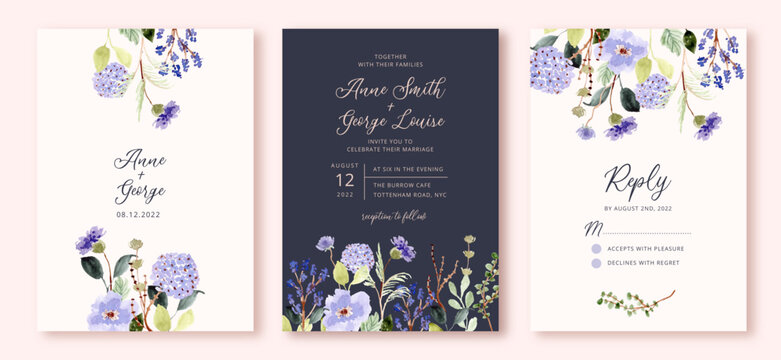 wedding invitation set with purple floral garden watercolor