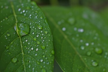 Close up water drop on lush green foliage after raining. dew on the leaves