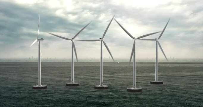 Wind turbine's propellers spinning. Green electric energy production. Technology and energy related 3d concept animation.
