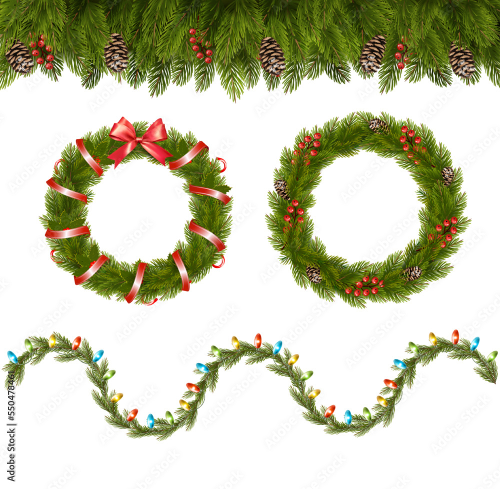 Poster christmas tree branches and garland with colorful light bulbs the shape of a wavy line. transparent 