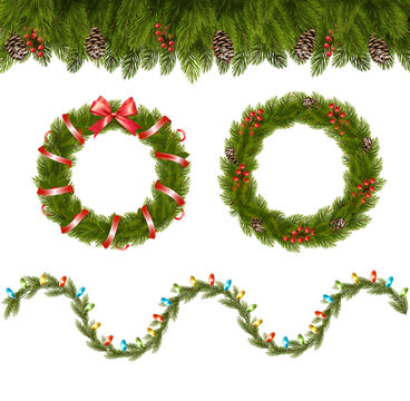 Christmas tree branches and garland with colorful light bulbs the shape of a wavy line. Transparent decorative garland. Christmas Wreath with ribbons and pines. Vecto