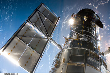 Space shuttle satellite in outer space near planet earth. Digitally enhanced. Elements of this image furnished by NASA.