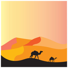 camel with sunset in the desert vector illustration design