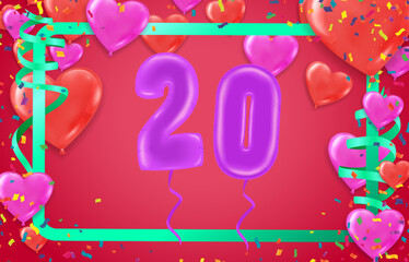 Elegant Greeting celebration 20 birthday  Happy birthday, congratulations poster. Balloons numbers with sparkling confetti. Vector
