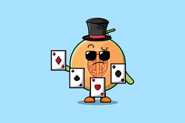 Cute cartoon Melon magician character playing magic cards in flat cartoon style illustration