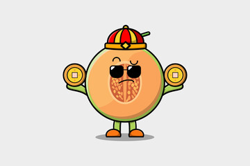 Cute cartoon Melon chinese character holding coin in vector icon illustration