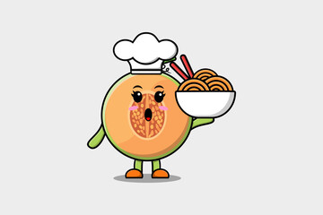 Cute cartoon Melon chef character holding noodles in bowl flat cartoon style illustration