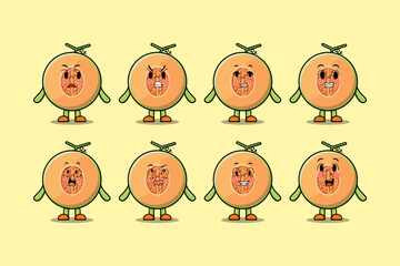 Set kawaii Melon cartoon character with different expressions cartoon face vector illustrations