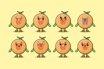Set kawaii Melon cartoon character with different expressions cartoon face vector illustrations