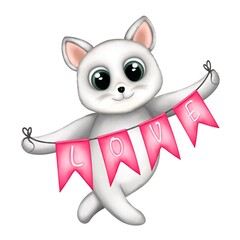 Hand drawn watercolor illustration of baby kitten with love.Watercolor illustration isolated on white background.