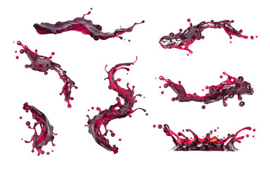 3d render, collection of splashing red wine or cranberry juice. Liquid splash clip art, isolated on white background. Set of design elements