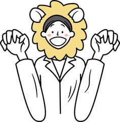 ライオンの被り物を被りものまねをするアジア人ビジネスウーマンのイラスト素材