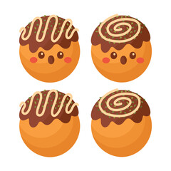 Doodle flat clipart. Cute takoyaki, Asian street food. All objects are repainted.