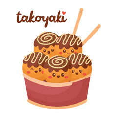 Doodle flat clipart. Cute takoyaki, Asian street food. All objects are repainted..
