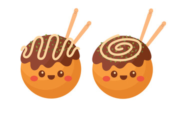 Doodle flat clipart. Cute takoyaki, Asian street food. All objects are repainted.