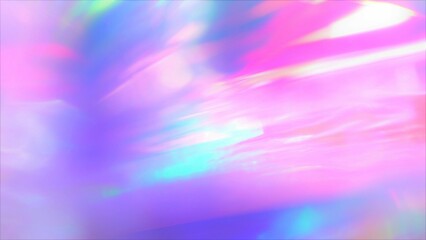 A holographic rainbow unicorn pastel purple pink teal colors abstract background. Optical crystal prism flare beams. Neon light flares