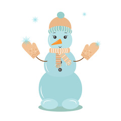 a snowman in a warm hat scarf and mittens