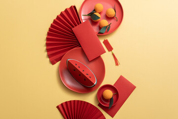 Stylish  Lunar new year background creative style with mandarin orange in red plates and lucky...