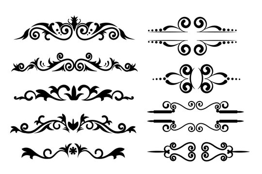 Vintage swirl ornament line flourish set. Filigree calligraphic ornamental curls Decorative retro design vector illustration