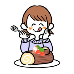 ブッシュドノエルを見て幸せそうな女性