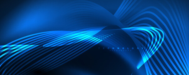 Techno neon wave lines, dynamic electric motion, speed concept. Templates for wallpaper, banner, background, landing page, wall art, invitation, prints