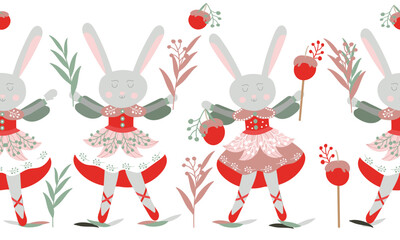 border with dancing rabbits for the new year according to the Eastern calendar on a white 