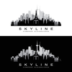 Obraz premium Skyline Logo Design, Cityscape Vector Tall Buildings, City Building Fit Design, Banner Template Construction Company