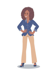 Black woman with hands on hips in confident pose. She wears businesswoman clothes. Vector illustration isolated on white background.