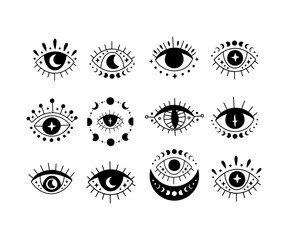 Mystical spiritual evil eye vector illustration set. Hand drawn eye with moon phase. Witchcraft, occult third eye, esoteric clipart. Decorative voodoo symbol. Karma element for tarot, tattoo, logo.