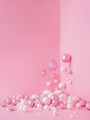 Creative Abstract Festive composition with Christmas design pink pastel color background and pink and white balls Minimal concept of New Year's and Christmas Holidays. Flat lay.