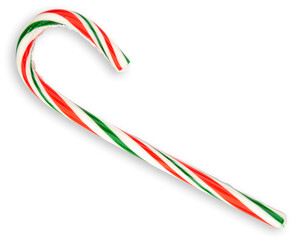 Candy Cane. Striped traditional color of Christmas. Green red white Candy cane. Mint sweet candy good for Christmas tree decoration. Food photography. High resolution photo. White isolated background.