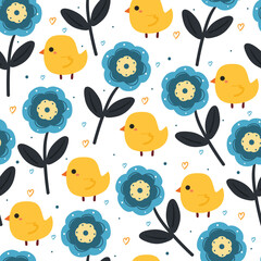 seamless pattern cartoon flower and chick. cute animal and botanical wallpaper for gift wrap paper