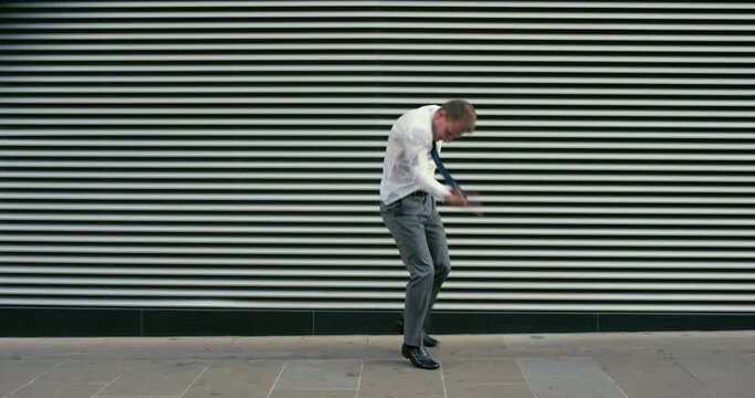 Dance, corporate success and businessman in city to celebrate promotion, work freedom and crazy achievement in Puerto Rico. Worker energy, happy opportunity and employee dancing after winning at job