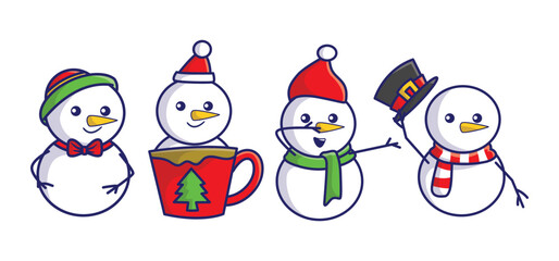 Set of Christmas snowman collection. Vector design for winter and christmas greeting card.