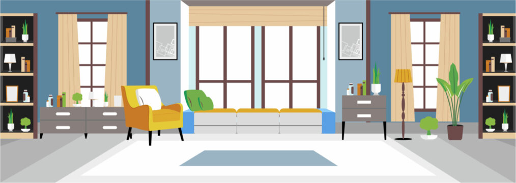 Living room interior comfortable sofa tv window chair and house plants flat cartoon vector illustration