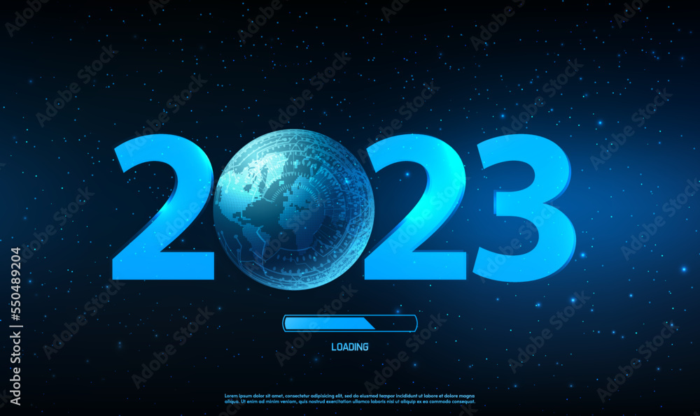 Poster 2023 happy new year digital global futuristic world technology web banner template. blue hologram of