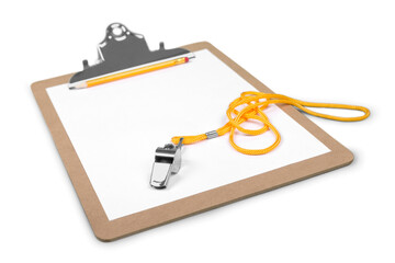 Blank Clipboard with Whistle and Pencil