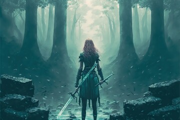 Fantasy warrior girl with a sword near a pond - obrazy, fototapety, plakaty