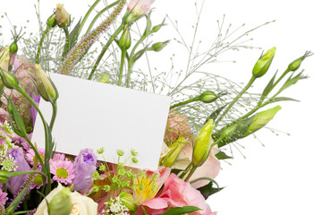 Beautiful Lilies Flowers Bouquet and blank card on background