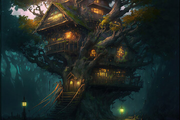 Fototapeta na wymiar Fantasy tree house concept art generated by AI