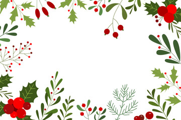 Illustration of berries and flowers for Christmas frame design. Natural backgrounds for posters, copy space and winter celebration cards 