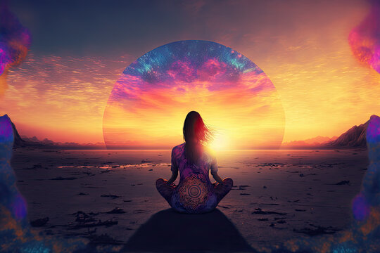 The girl meditates at sunrise in the desert. Digital artwork