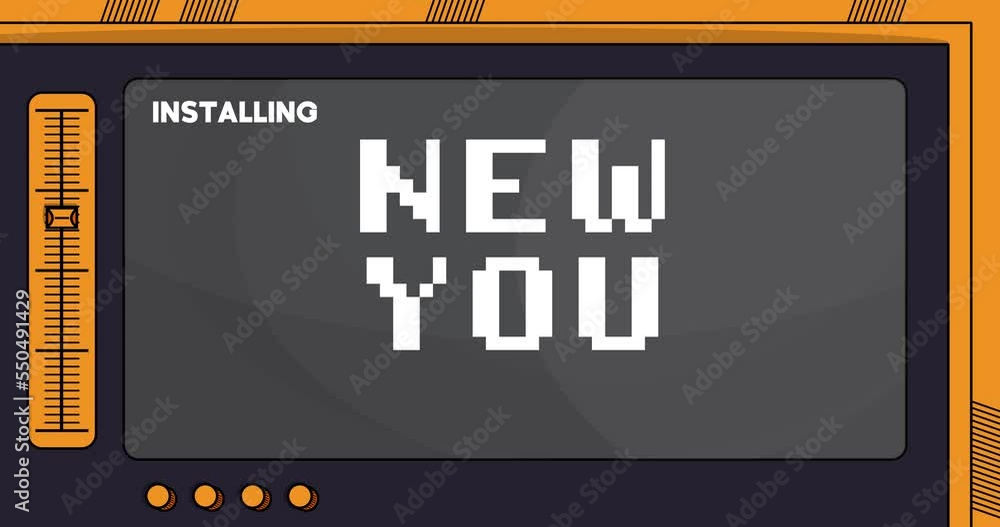 Poster cartoon computer with the word new you. video message of a screen displaying an installation window.