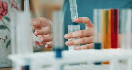 Education, science and children with chemistry test tube, liquid solution and safety gear glasses in home learning, training and school. Focus, knowledge and kids with chemical toys for project