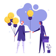 Sharing creativity idea or solution to solve business problem concept, old businessman or manager giving lightbulb idea to young employee