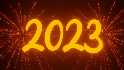 2023 banner is orange in color and has fireworks in the background