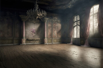 an empty abandoned rococo baroque ballroom - obrazy, fototapety, plakaty