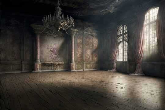 an empty abandoned rococo baroque ballroom