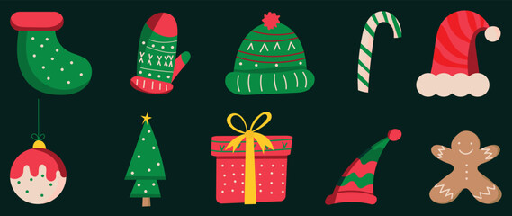 Naklejka premium Set of winter vibrant christmas element vector illustration. Collection of sock, glove, gingerbread man, knitted hat, gift box, christmas tree. Design for sticker, card, poster, invitation, greeting.