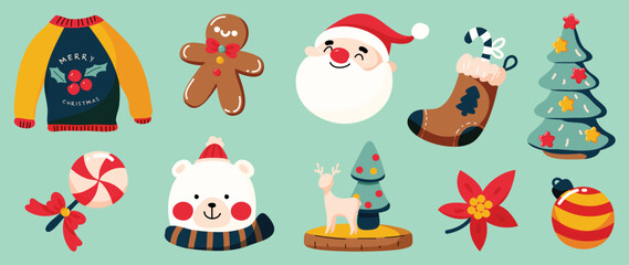 Set of winter vibrant christmas element vector illustration. Collection of sweater, gingerbread man, santa, lollipop, sock, christmas tree. Design for sticker, card, poster, invitation, greeting.